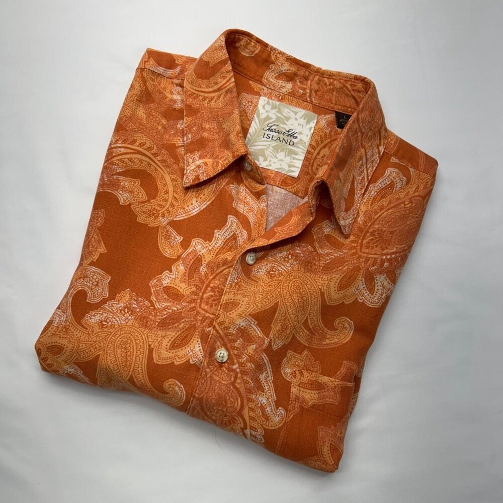 Tasso Elba Island Mens Orange Paisley Button-Down Shirt 75% Silk 25% Linen Short - Picture 16 of 16